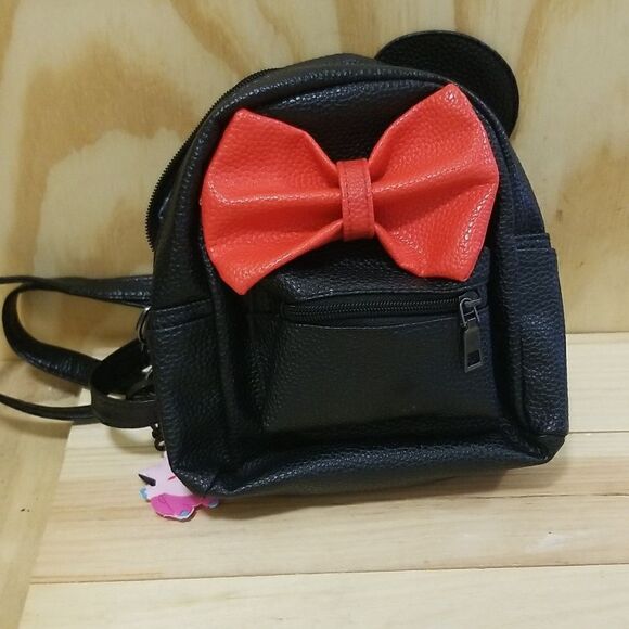 Mini Backpack Black Purse with Mouse Ears and Red Bow Vegan Leather - Picture 1 of 8